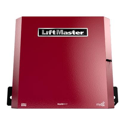 LiftMaster garage door opener unit with the brand name and logo on the front, as well as the "myQ" and "Security+ 2.0" labels, indicating it is a modern, internet-connected device for garage door automation